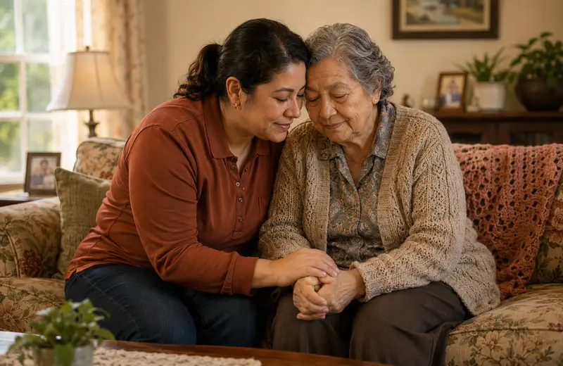 Caregiver gently holding an elderly person's hand