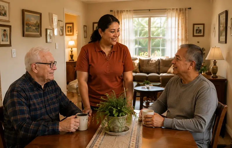Residents and caregivers sharing a welcoming common space
