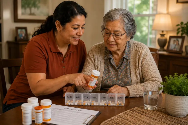 Organized medication bottles and pills ready for administration