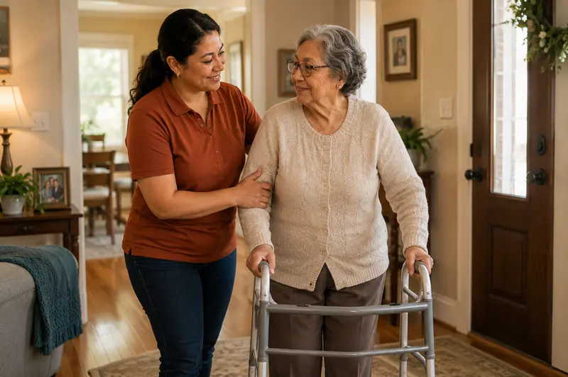 Caregiver supporting a senior during a walk